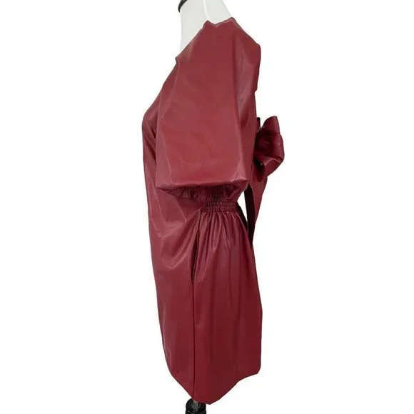 Mare Mare x Anthropologie Red Faux Leather Puff Sleeve Bow Back Dress Medium - Picture 4 of 14